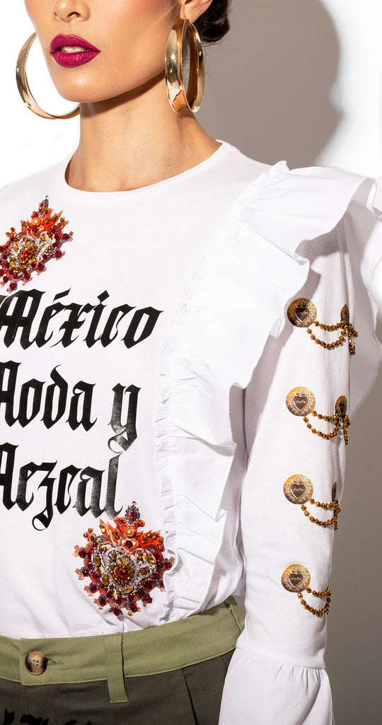 BLUSA BLANCA CON OLANES MÉXICO, MODA Y MEZCAL