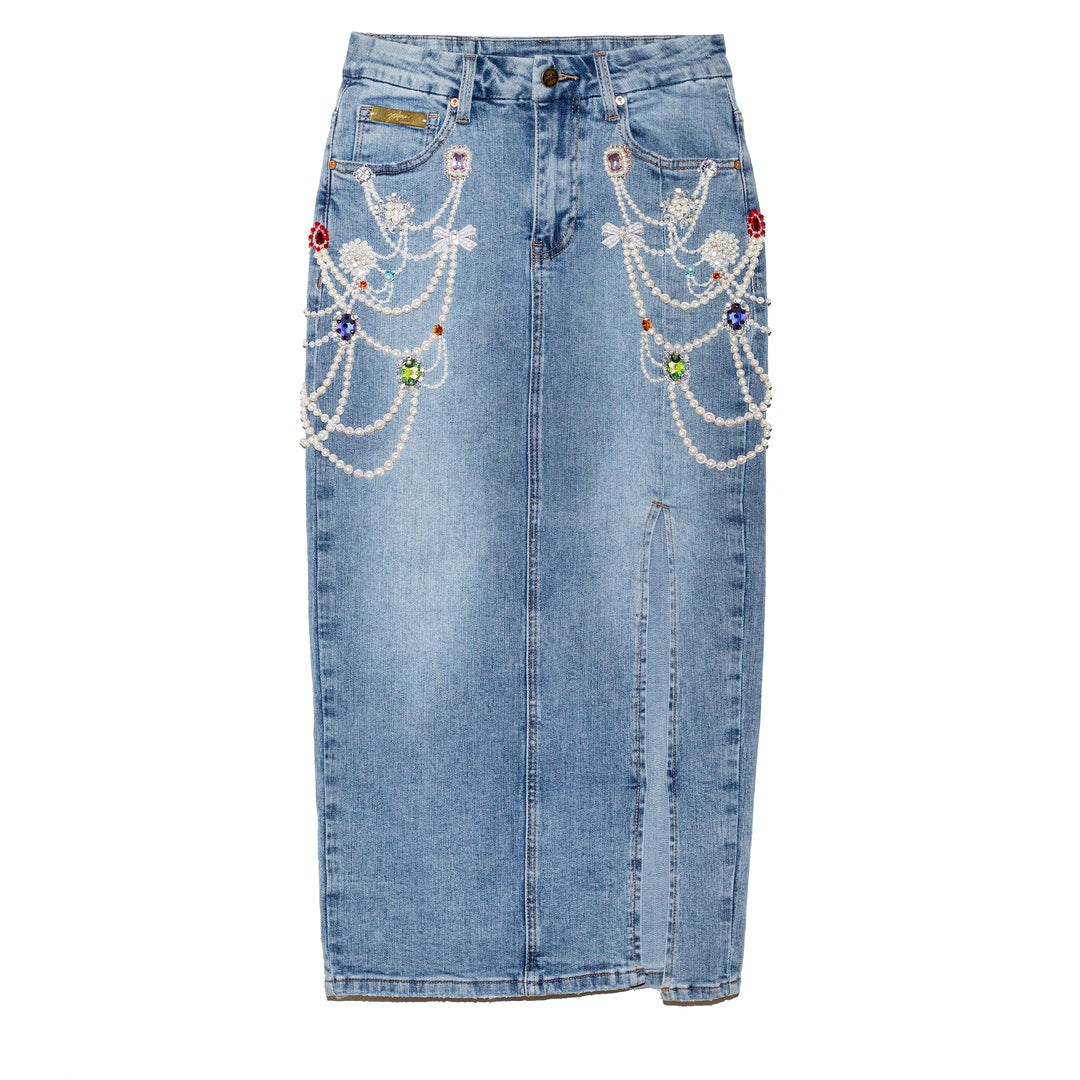 Denim pencil skirt chandelier