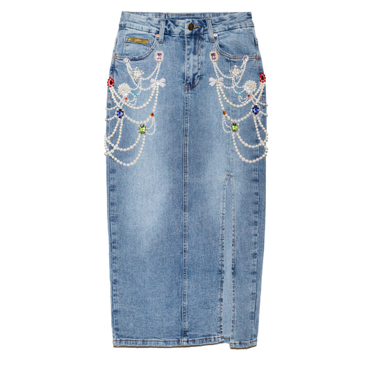 Denim pencil skirt chandelier