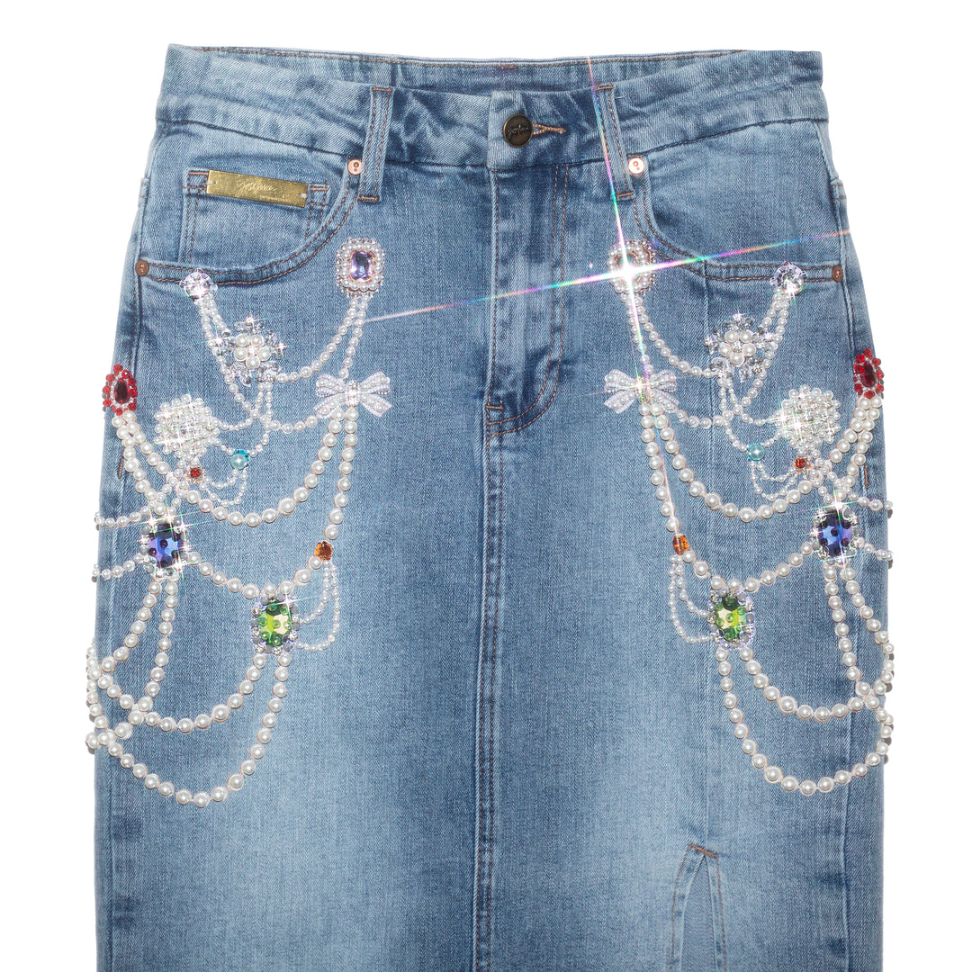 Denim pencil skirt chandelier