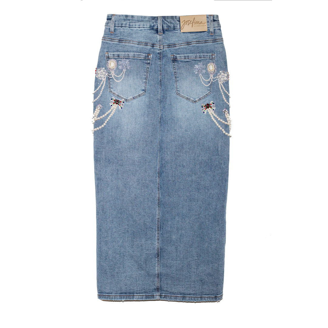 Denim pencil skirt chandelier
