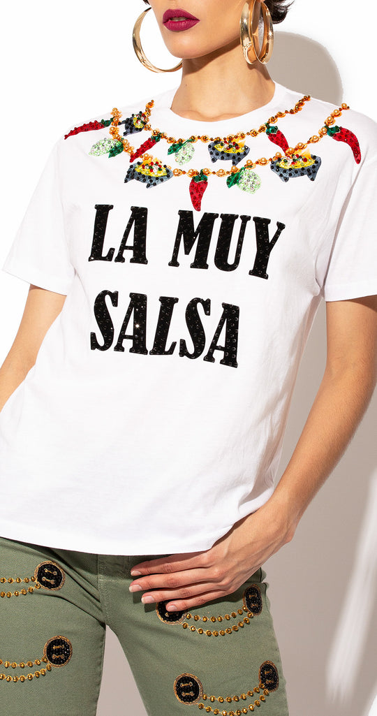 T shirt blanca La Muy Salsa con collar