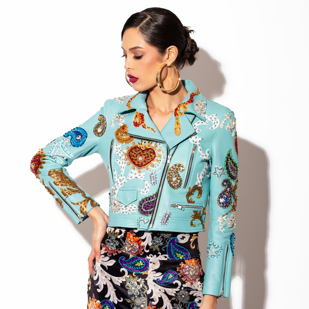 BIKER JACKET MINT PAISLEY Y CORAZONES
