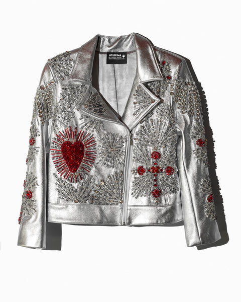 Silver Biker Jacket Crosses & Hearts