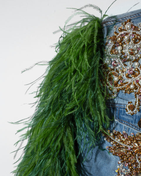 Denim Jacket Green Feathers