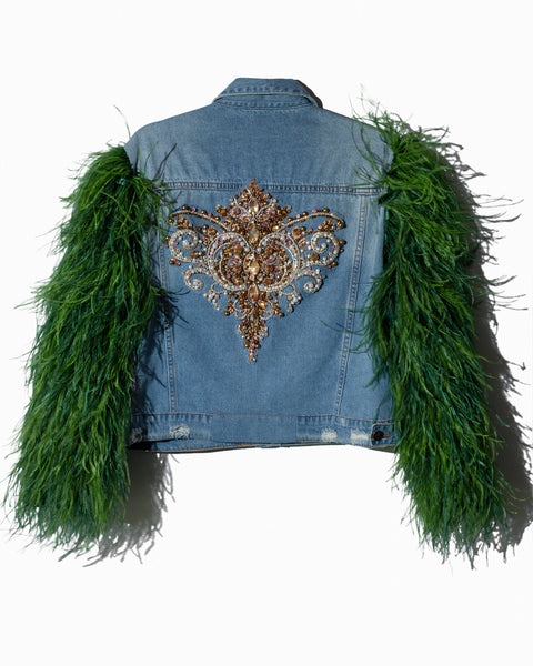 Denim Jacket Green Feathers