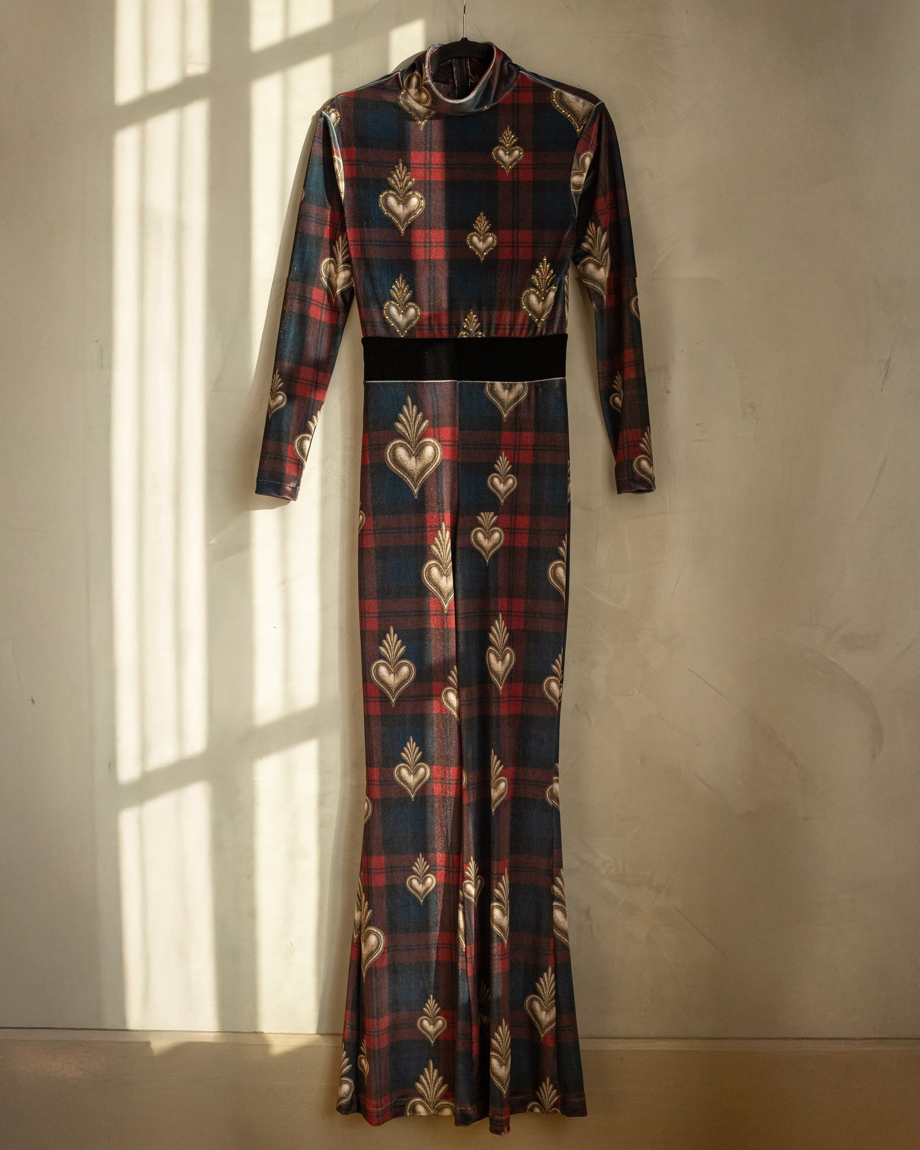 FINAL SALE Jumpsuit velvet tartan con corazones