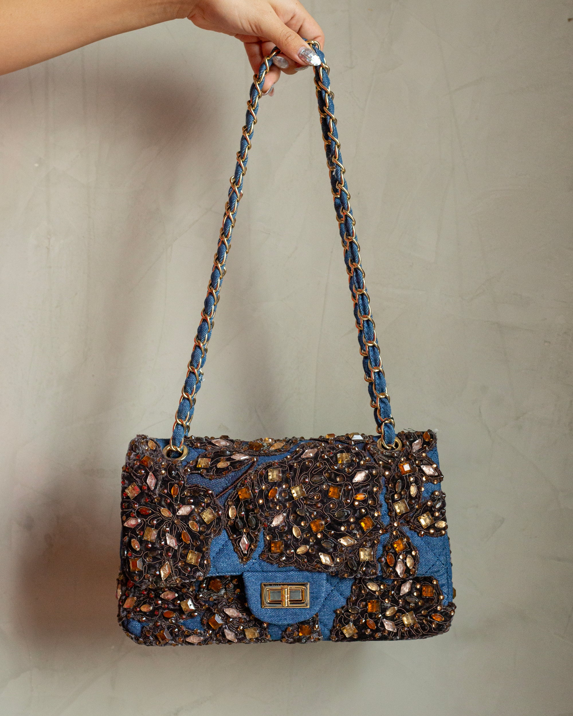 Denim bag bordado café