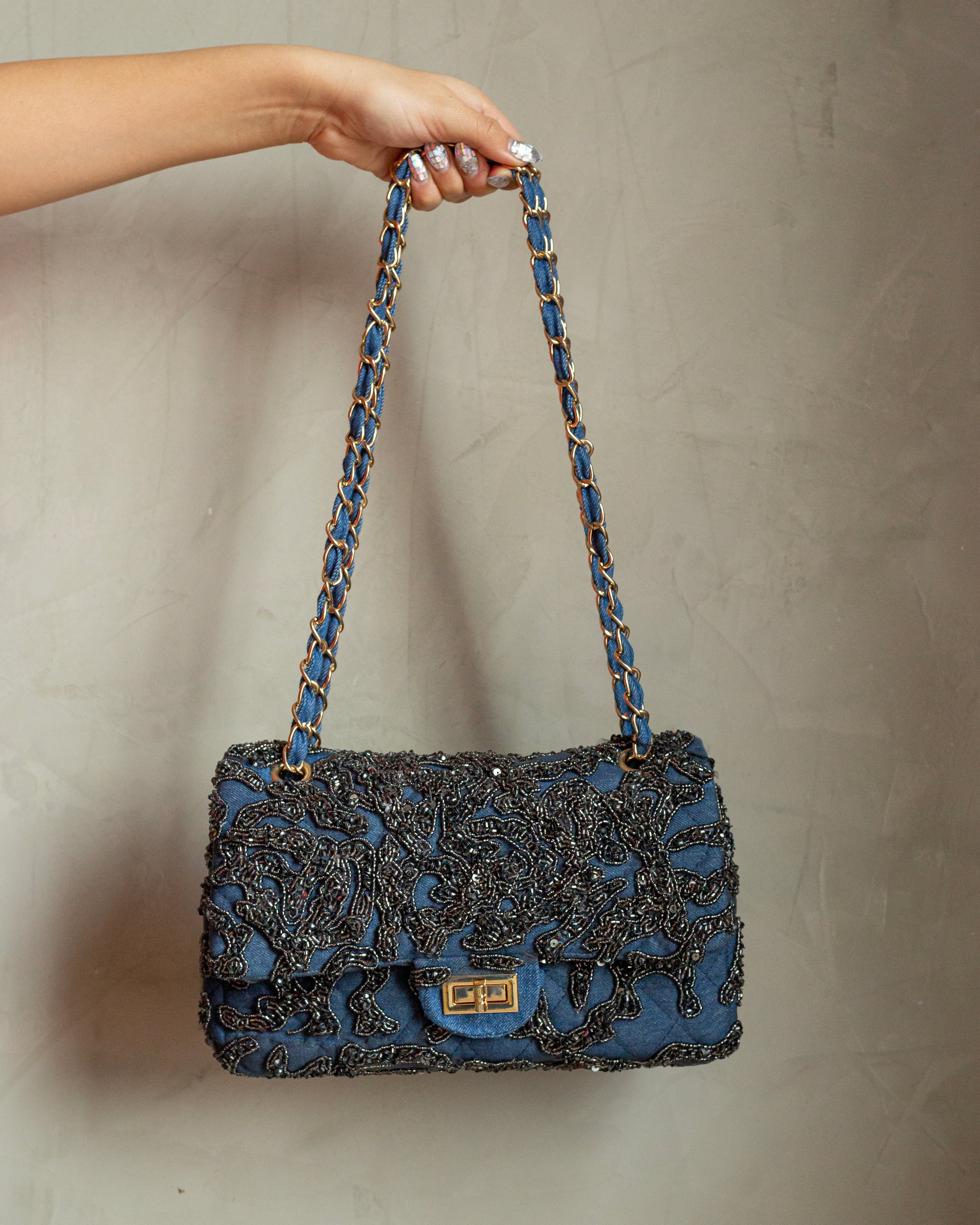 Denim bag bordado gris