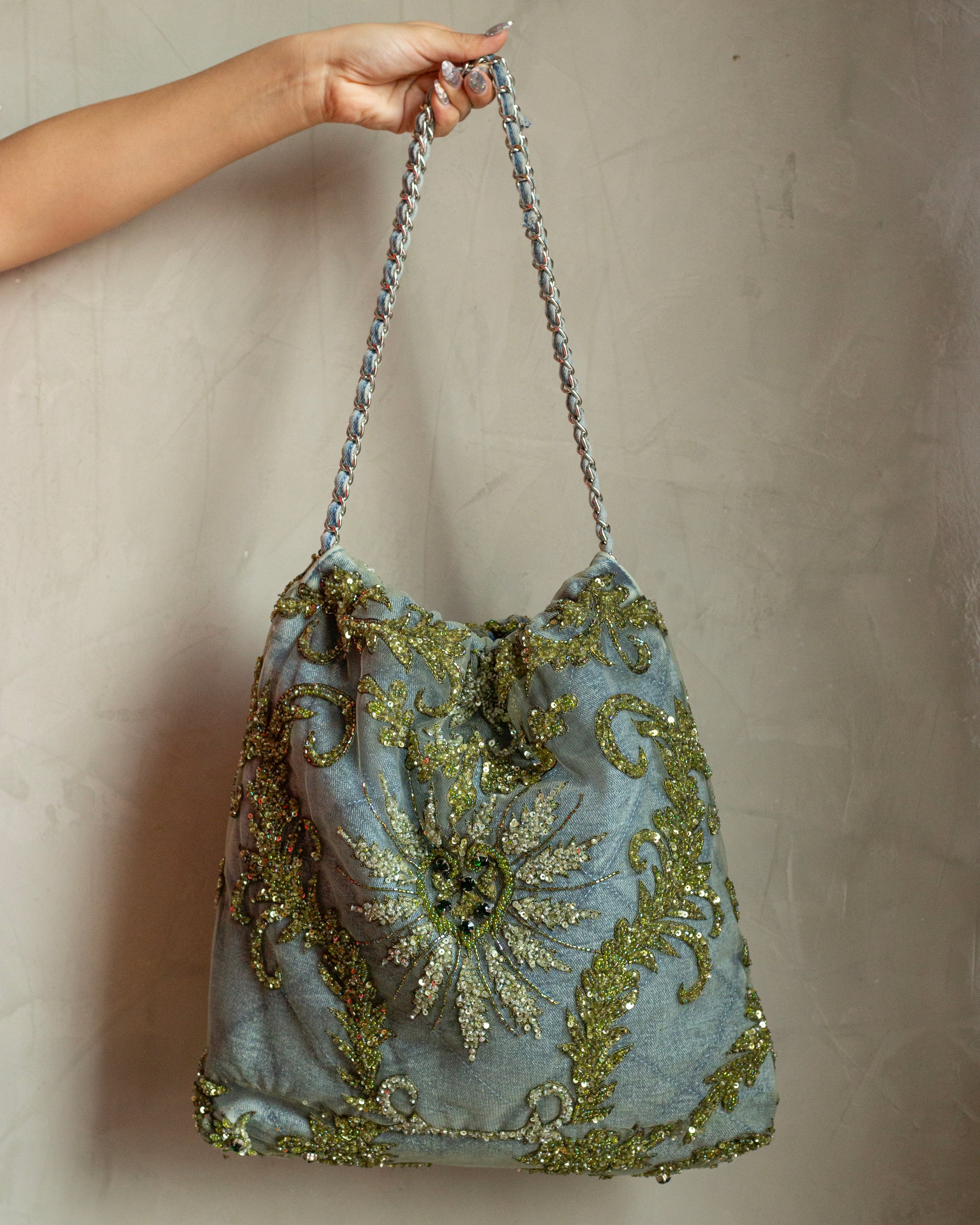 Denim bag bordado verde
