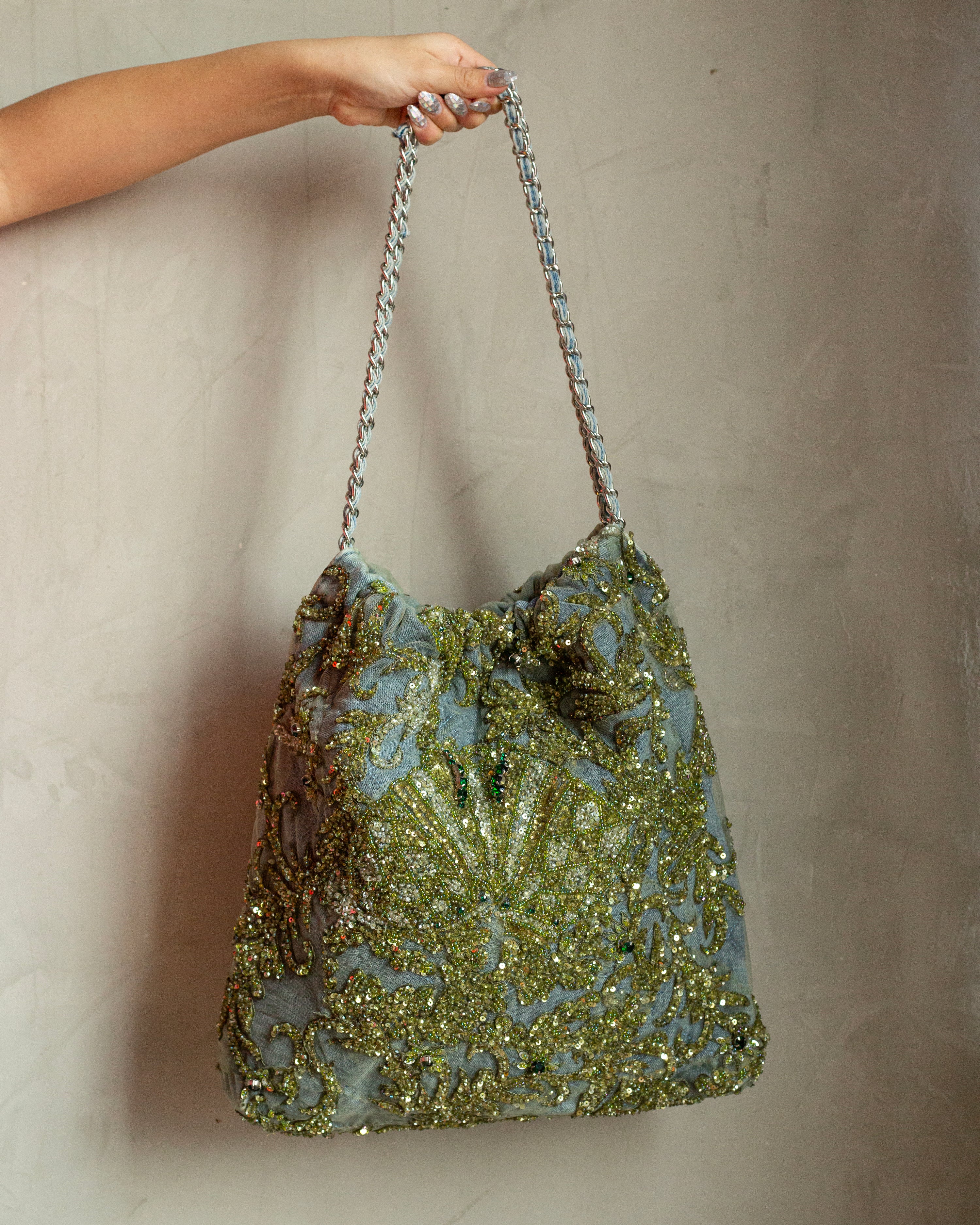 Denim bag bordado verde