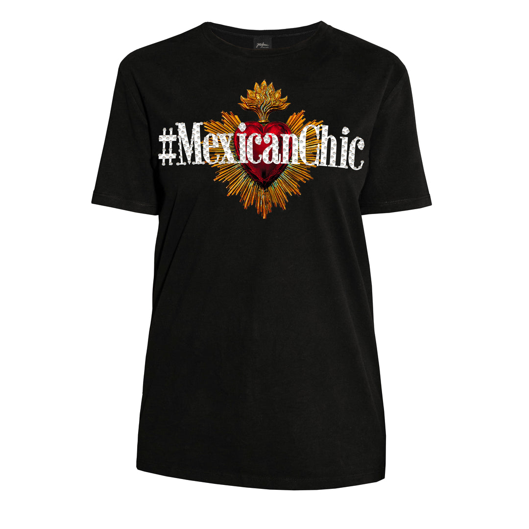 T shirt negra #MexicanChic Sagrado Corazón con cristales