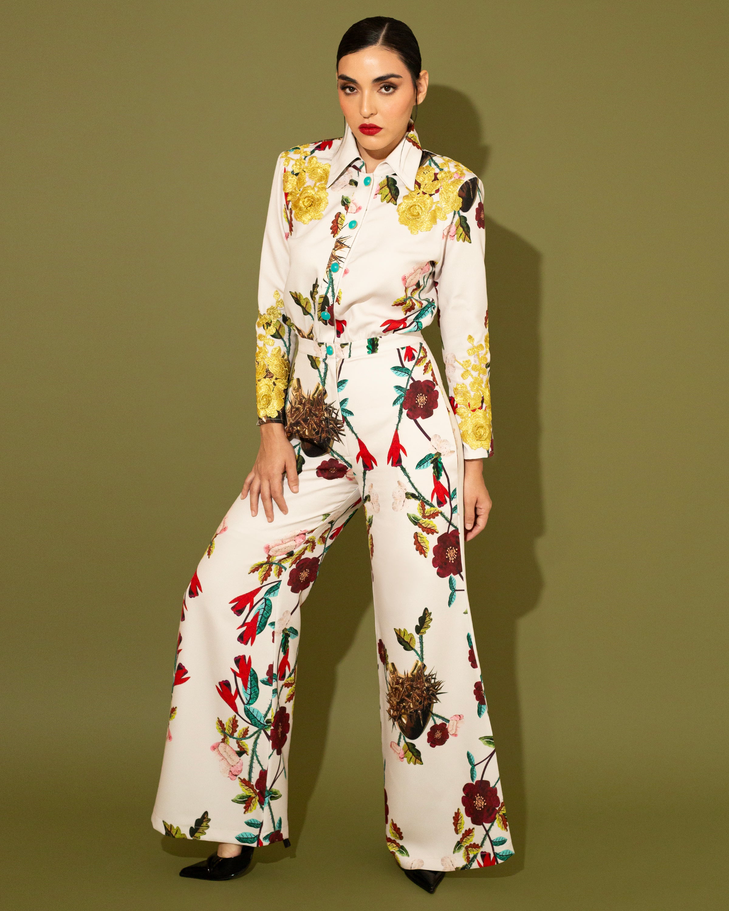 Jumpsuit off white con flores y cactus