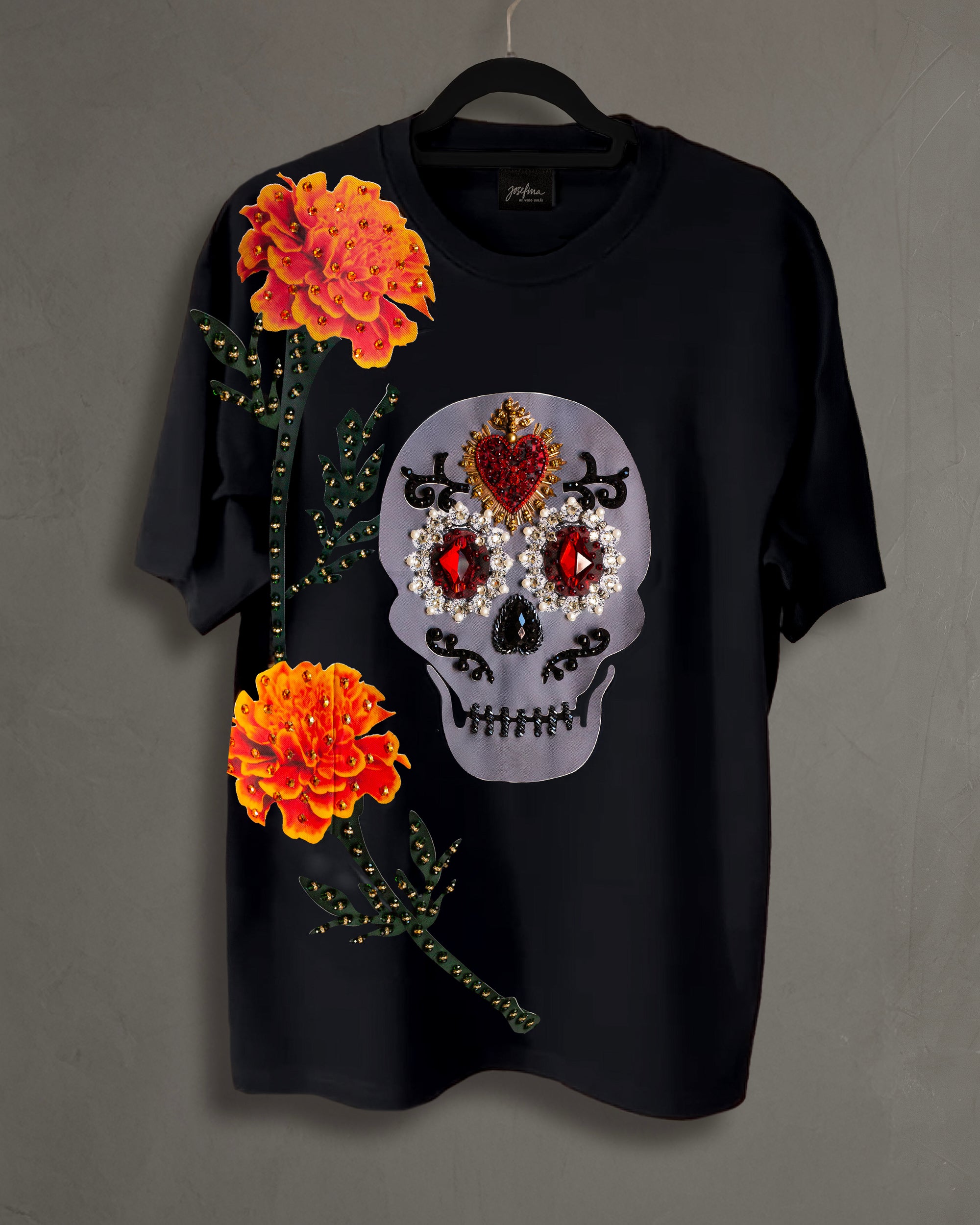 T shirt negra oversized Calavera con cristales