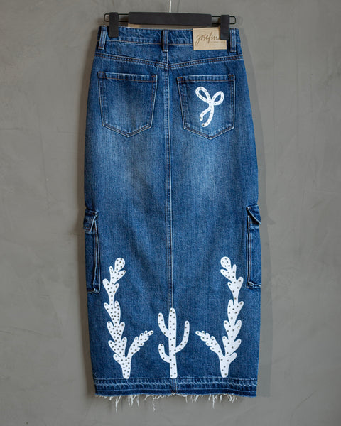 Denim skirt con grecas