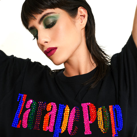 T SHIRT NEGRA ZARAPE POP CON CRISTALES