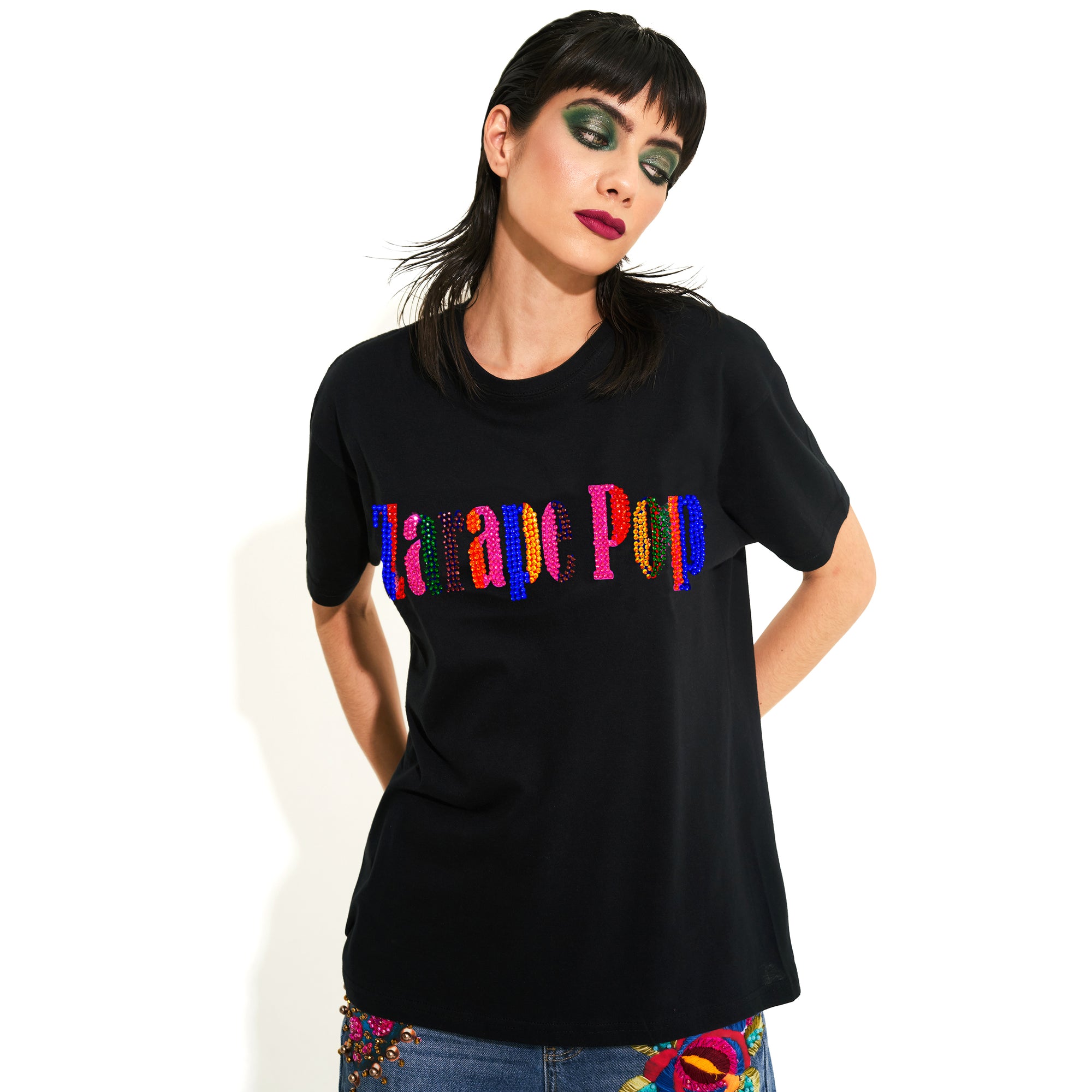 T SHIRT NEGRA ZARAPE POP CON CRISTALES