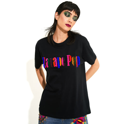 T SHIRT NEGRA ZARAPE POP CON CRISTALES