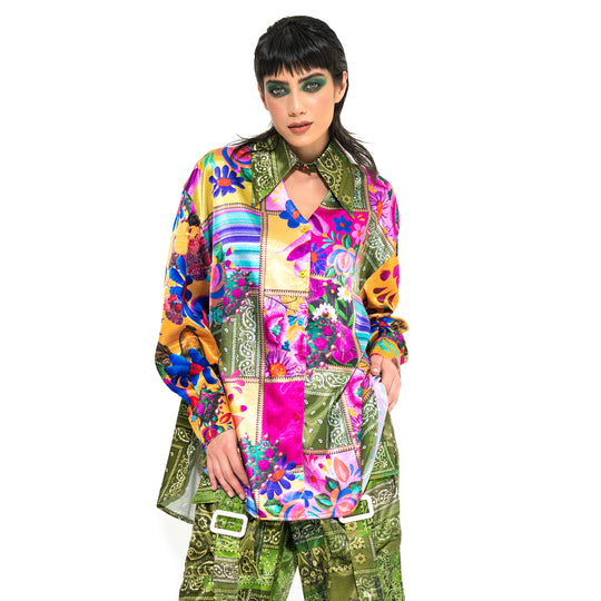 CAMISERA SATINADA PATCHWORK CON ESCOTE V