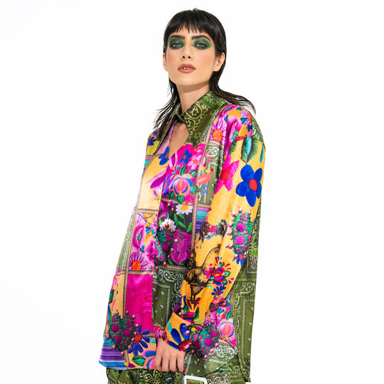CAMISERA SATINADA PATCHWORK CON ESCOTE V