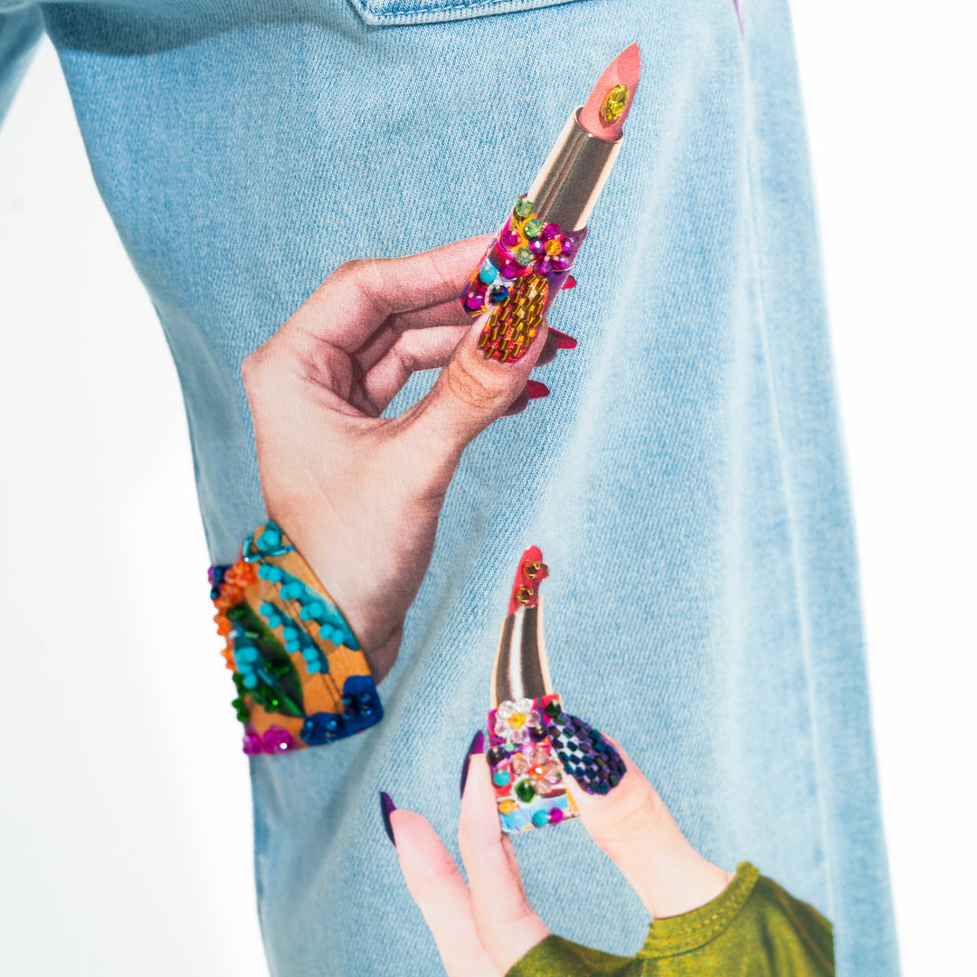 JEANS HANDPRINT BORDADO A MANO