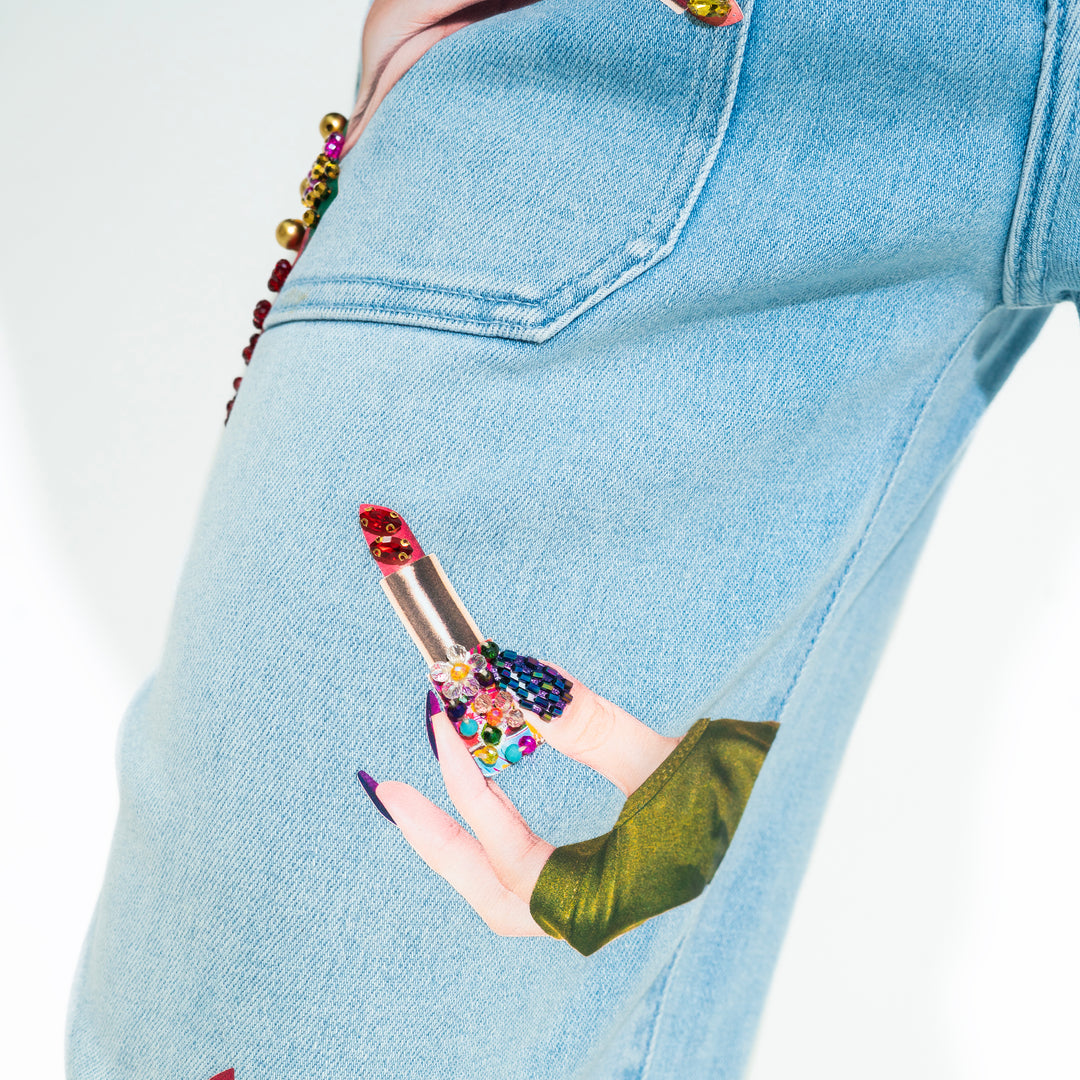 JEANS HANDPRINT BORDADO A MANO