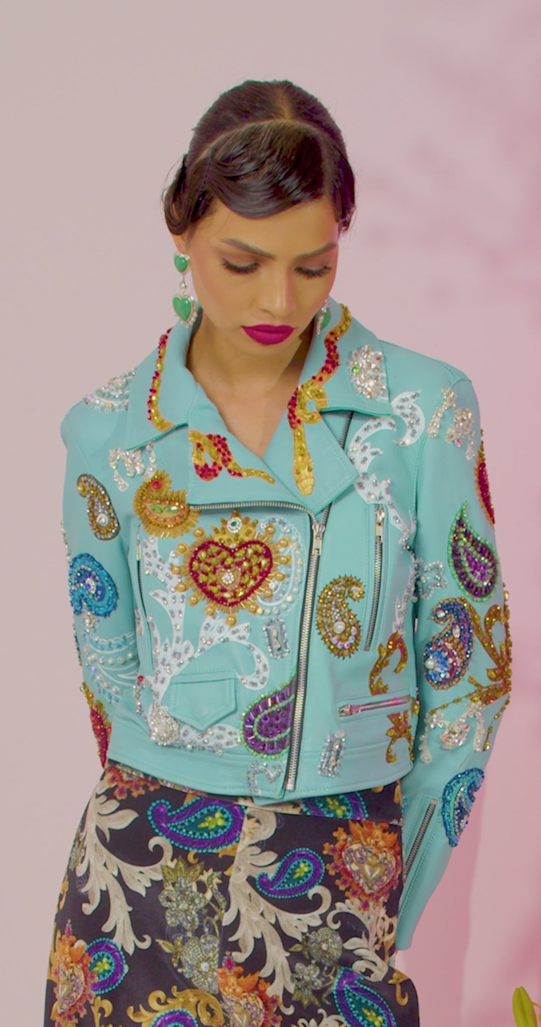 BIKER JACKET MINT PAISLEY Y CORAZONES