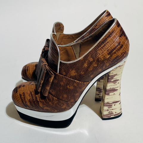 Miu Miu Stamped Snake Skin Leather Bow Platform Booties
