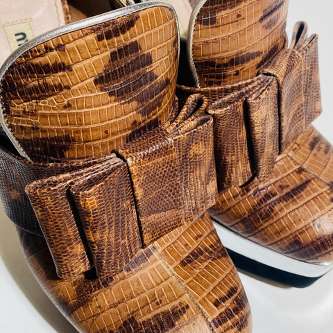 Miu Miu Stamped Snake Skin Leather Bow Platform Booties