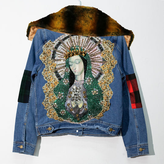 Denim jacket faux fur Virgen de Guadalupe