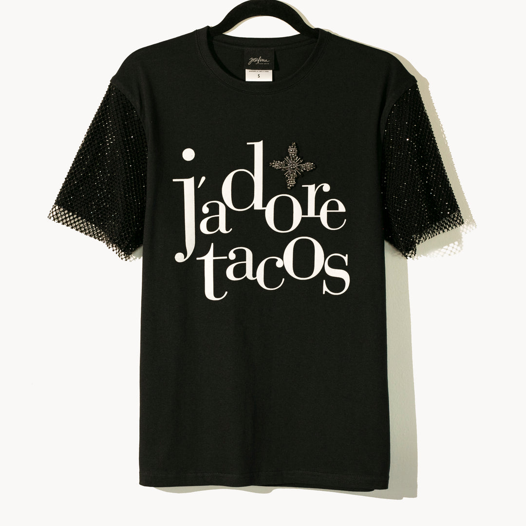 TSHIRT NEGRA J´ADORE TACOS CON CRISTALES