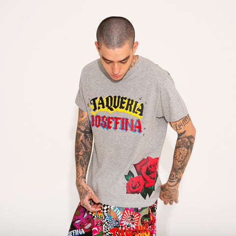 T-SHIRT GRIS “TAQUERÍA JOSEFINA” GLITTER CON ROSAS