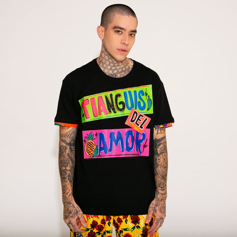 T-SHIRT NEGRA “TIANGUIS DEL AMOR” CON MANGA NARANJA