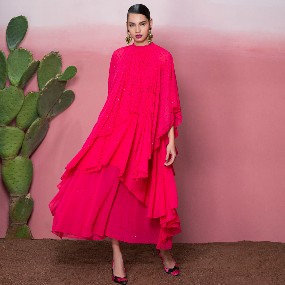 Maxi dress chiffon rosa con cristales