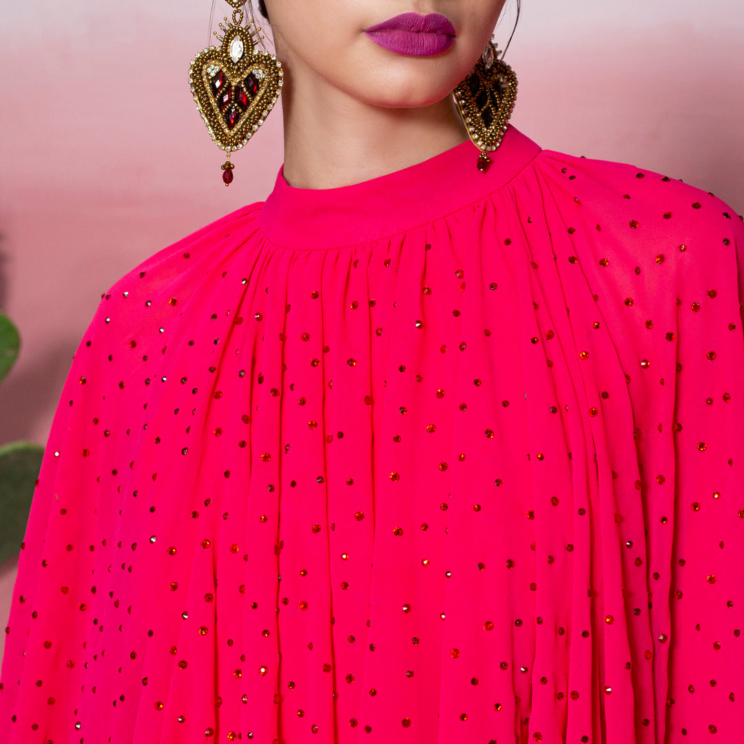 Maxi dress chiffon rosa con cristales