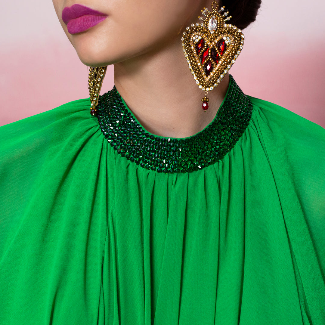 Maxi dress chiffon verde con cristales