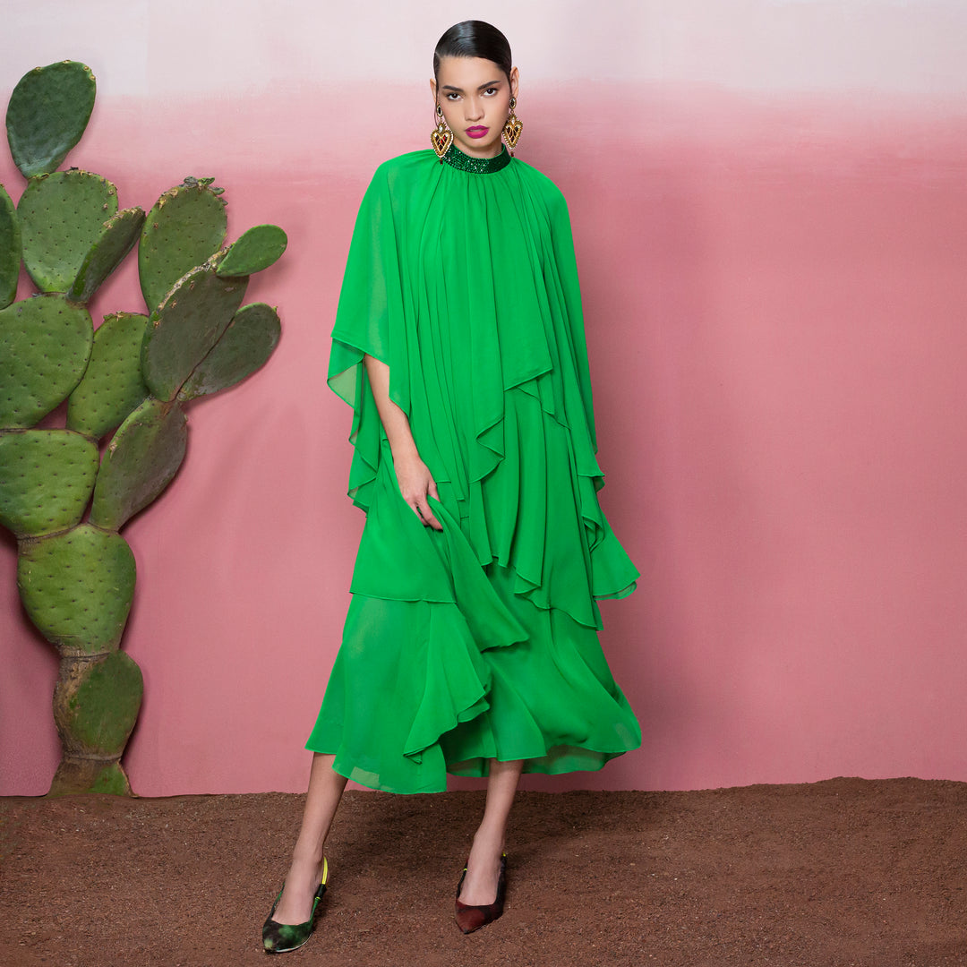Maxi dress chiffon verde con cristales